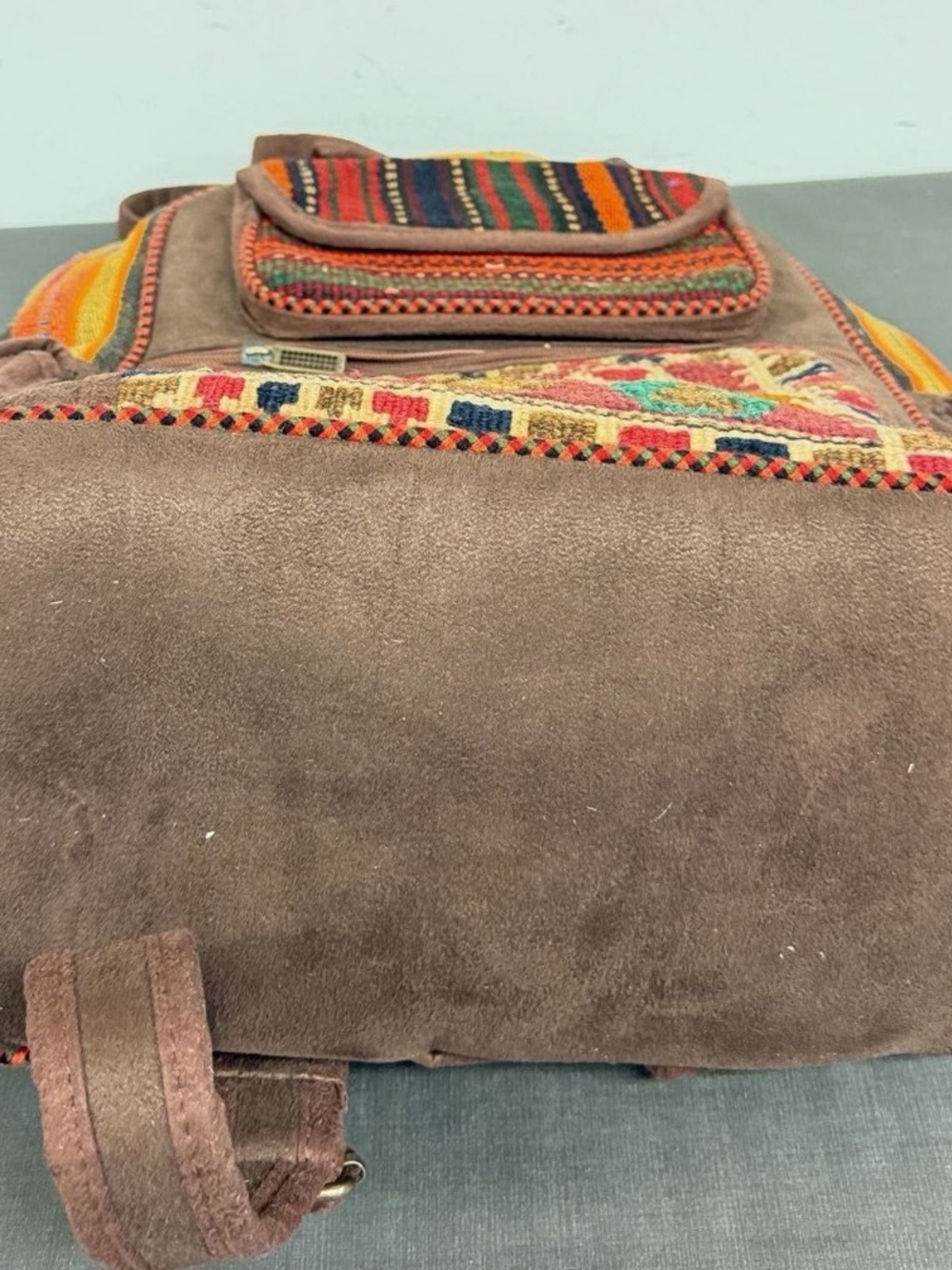 Vintage Kilim Multicolor Woven Suede Leather Backpack Boho - Picture 5 of 6